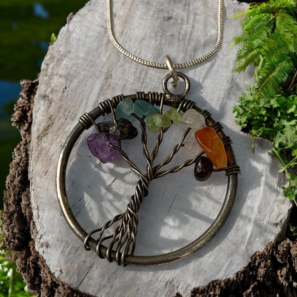 Multicolor Tree of Life Pendant Necklace with Real Gemstones